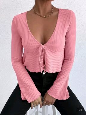 SHEIN Pink Ribbed Tie-Front Cropped Long Sleeve Top